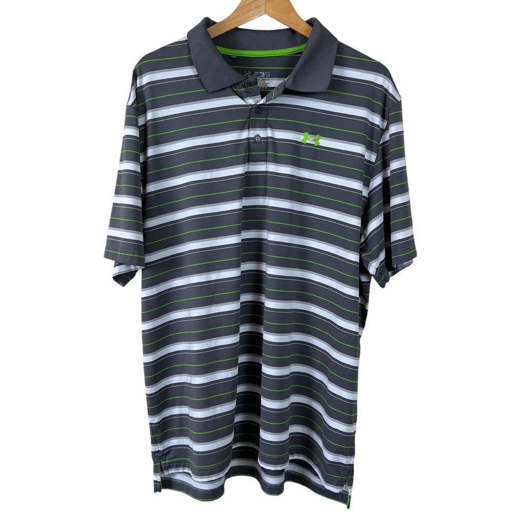 UNDER ARMOUR Gray Green White Stripe Performance Polo Shirt Golf Mens 2XL
